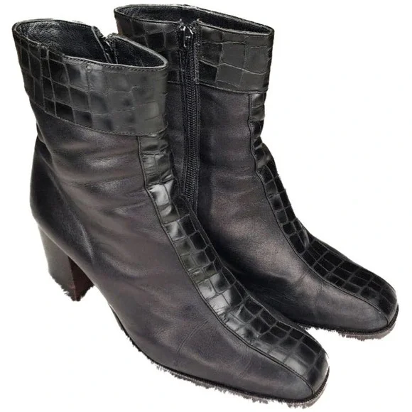 Made in Italy Black Croc Boots 39 (8.5) Womens Sherpa Square Toe Leather Vintage - Picture 1 of 8